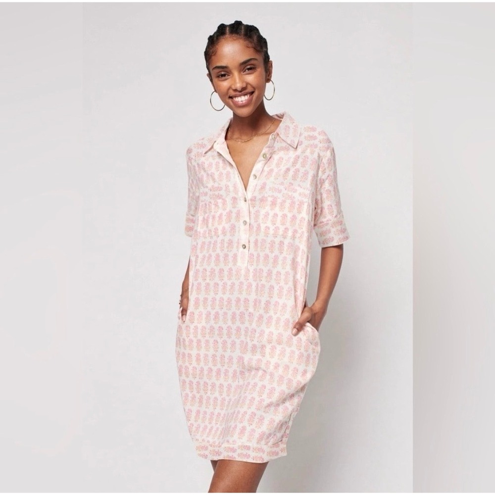 Faherty Shirt Dress M Pink Taj Floral Linen Boho Coastal Outdoors Granola Pocket